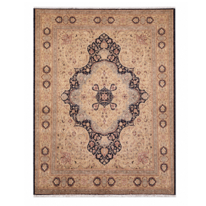 Persian D Handmade Rug – Beige & Navy Ornamental Medallion Design – 8x10 Ft