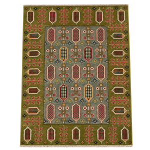 Khal Mudi Handmade Rug – Olive Green Botanical Geometric Design – 2.2 Mtr (4x6 Ft)