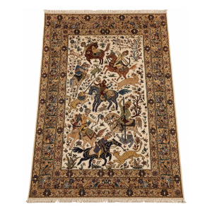 Pictorials & Huntings Handmade Rug – Ivory & Gold Horseback Hunting Scene – 4x6 Ft