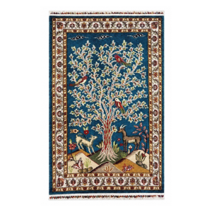 Pictorials & Huntings Handmade Rug – Blue Tree of Life with Birds & Deer – 4x6 Ft