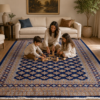 6' x 9' Hand-Knotted Bukhara Rug – Navy Blue Geometric Area Rug