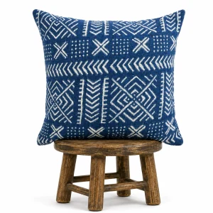 Blue Mudcloth Pillow Cover: Double Sided African Bogolan Fani, Handmade