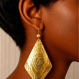 Handcrafted 3-Tier Layered Diamond Hammered Brass Earrings – Multi-Layer Rhombus Statement Dangles