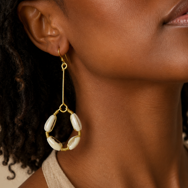 Handcrafted Cowrie Shell Wire Hoop Earrings – Elongated Gold Stem Statement Dangles