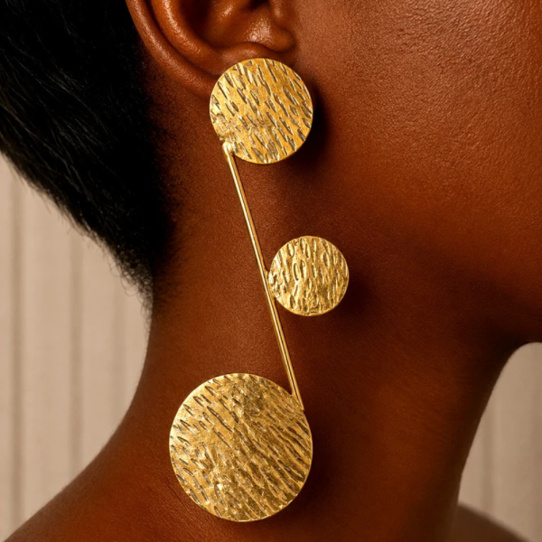 Handcrafted Multi-Disc Stem Hammered Brass Earrings – Architectural Musical Note Linear Drop Earrings