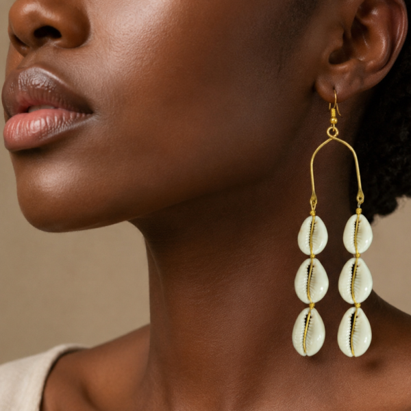 Handcrafted Dual-Strand Cowrie Shell Arch Earrings – Gold Wire Statement Drop Dangles