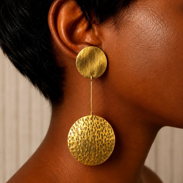 Handcrafted Long Stem Double Disc Brass Earrings – Hammered Linear Circle Drop Earrings