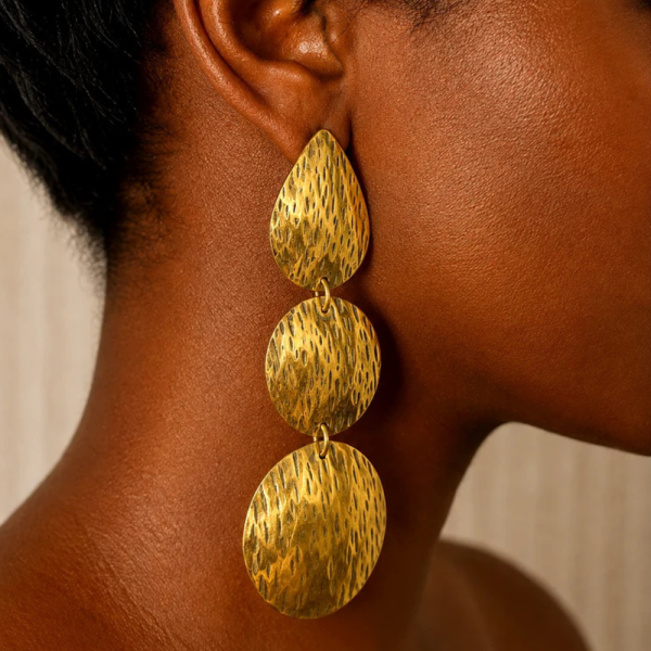 Handcrafted 3-Tier Teardrop Circle Hammered Brass Earrings – Cascading Drop Statement Earrings