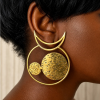 Handcrafted Celestial Crescent Moon & Disc Brass Earrings – Hammered Statement Studs