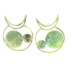 Handcrafted Celestial Crescent Moon & Disc Brass Earrings – Hammered Statement Studs