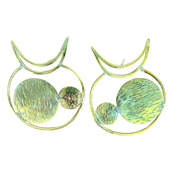 Handcrafted Celestial Crescent Moon & Disc Brass Earrings – Hammered Statement Studs