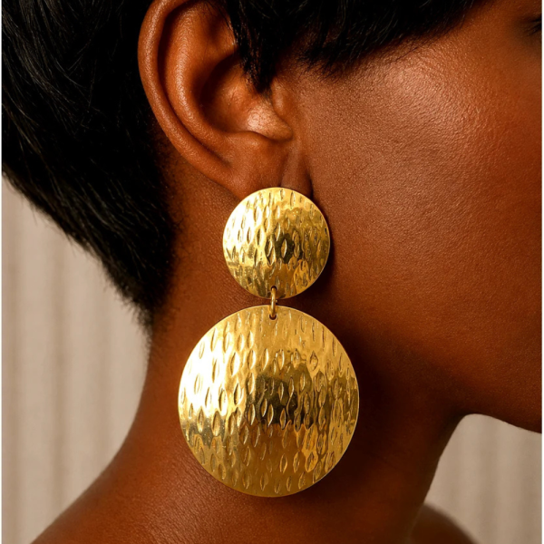 Handcrafted Double Disc Hammered Brass Earrings – Two-Tier Geometric Circle Drop Earrings