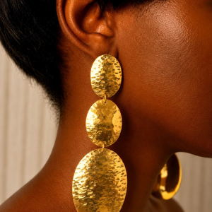 Handcrafted 3-Tier Vertical Oval Hammered Brass Earrings – Graduated Cascading Drop Earrings
