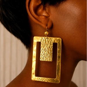 Handcrafted Geometric Cutout Rectangle Brass Earrings – Hammered Open Frame Dangles