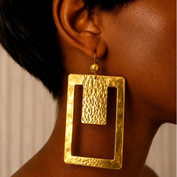 Handcrafted Geometric Cutout Rectangle Brass Earrings – Hammered Open Frame Dangles